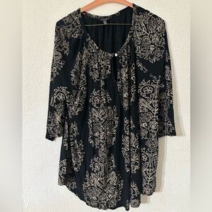 Lucky Brand Top Women Black/Beige Viscose Boho Print Keyhole 3/4 Sleeve Size 2X